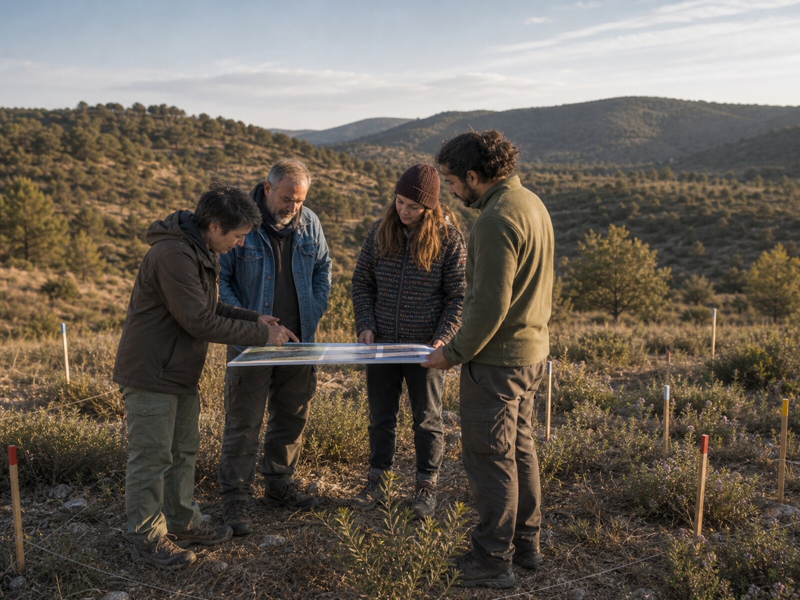 Collaborative field team reviewing a site plan beside marked pilot plots.