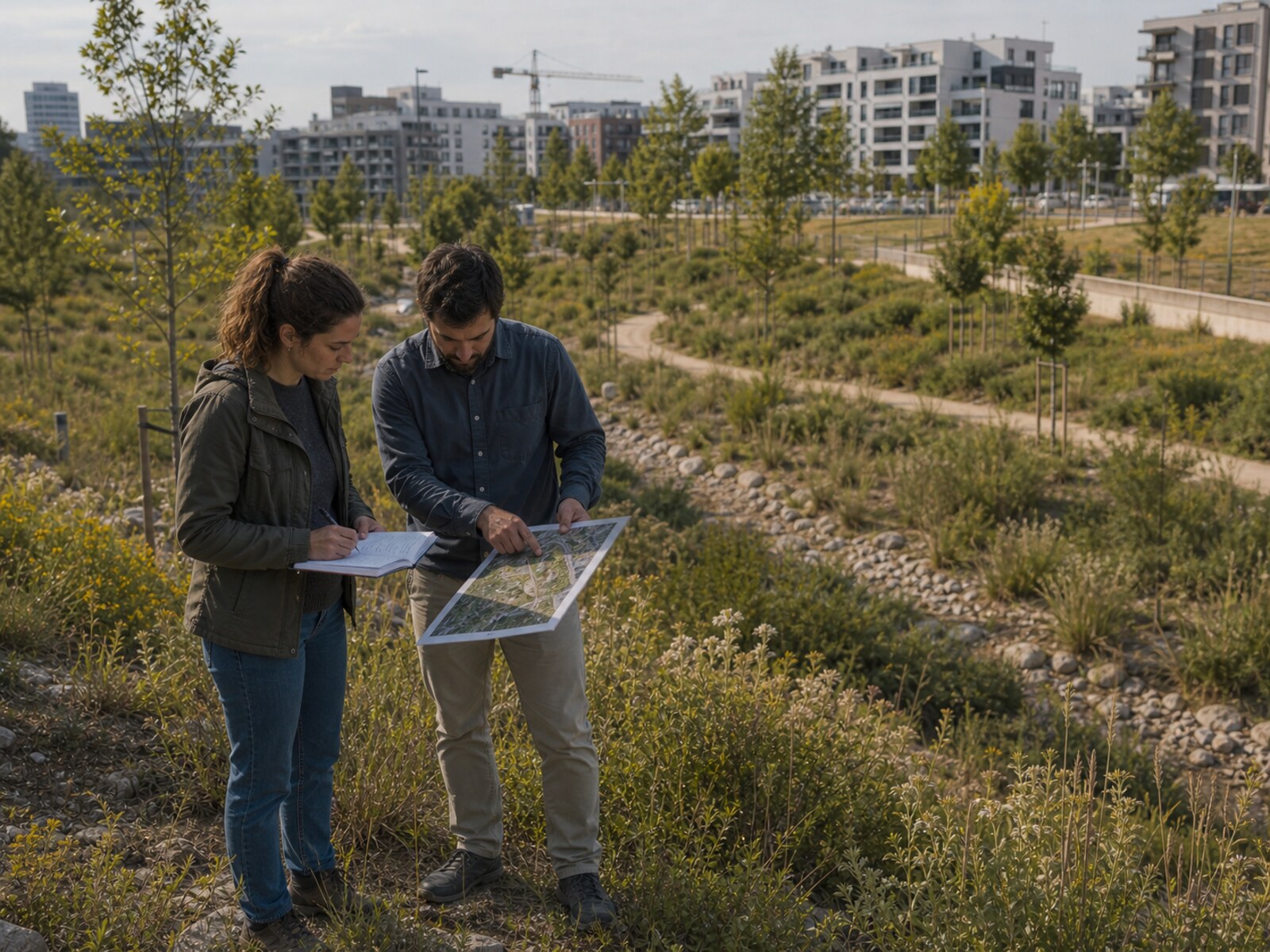 Printed map and field notes used in a peri-urban green corridor to connect observations with practical measurement.